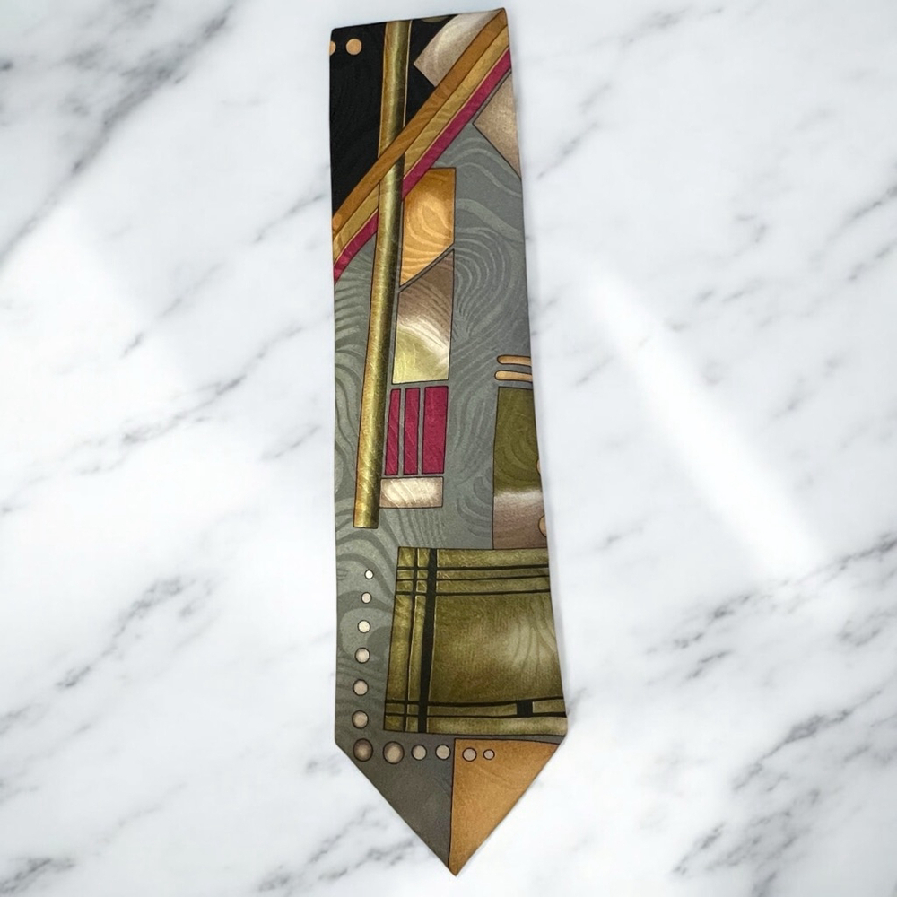 Valentino Rudy Italy Silk Tie Abstract Geometric Olive Gold Burgundy 4” Wide